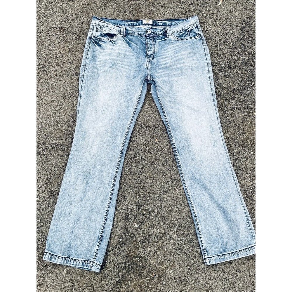 Antik Denim Button Fly Distressed Relaxed Straight Fit 42x30 Jeans Embroidered